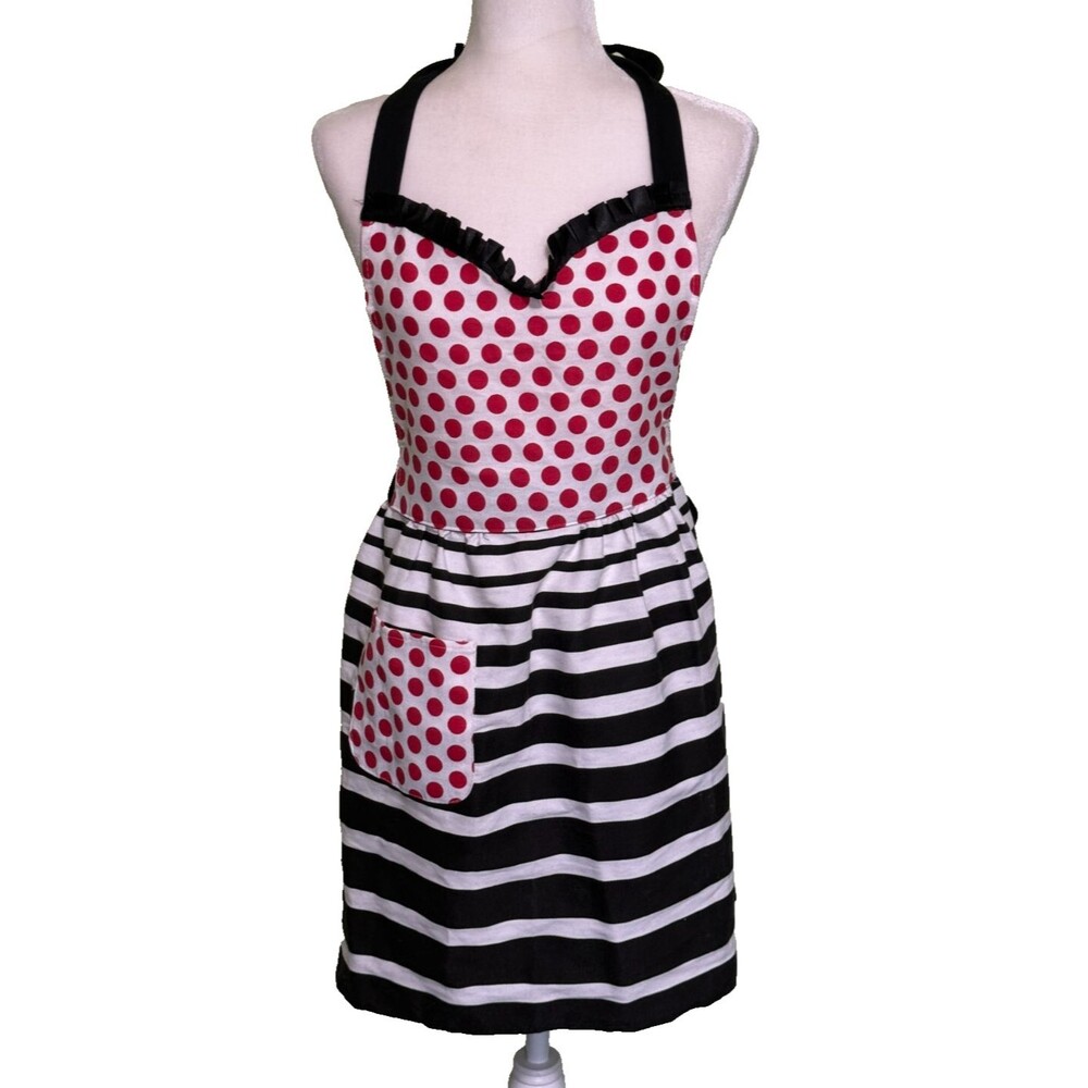 Gourmet Club Black,‎ White & Red Bib Apron Stripes & Polka Dots One Pocket